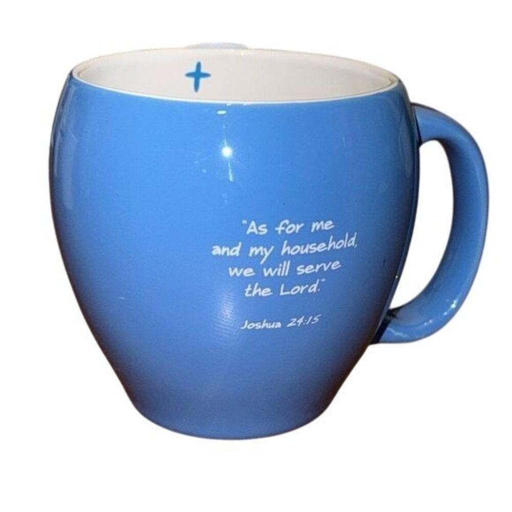 Inspirational Blue Ceramic Mug With Bible Verse Joshua 24:15 By Bob Siemon Desig